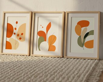 Art Mural Moderne, Set de 3 Illustrations Végétales | Style Scandinave Minimaliste Décor d'Automne | Fichier Numérique | Botanique Abstraite