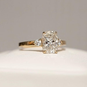Elongated Cushion Cut Moissanite Three Stone Ring, Sterling Silver S925