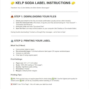 May include: Instructions for Kelp Soda labels, transforming 2-liter bottles into Bikini Bottom beverages. Includes steps for downloading files, printing settings, and printing tips. Paper size is 8.5" x 11" (US Letter).