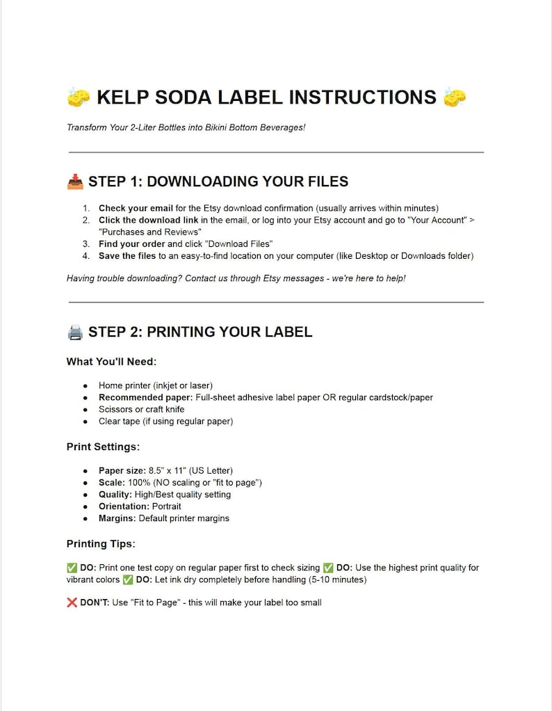 May include: Instructions for Kelp Soda labels, transforming 2-liter bottles into Bikini Bottom beverages. Includes steps for downloading files, printing settings, and printing tips. Paper size is 8.5" x 11" (US Letter).