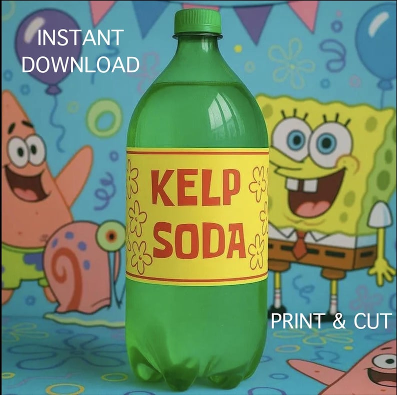 May include: A green plastic bottle of "Kelp Soda" with a yellow label. The label has the words "Kelp Soda" in red letters. The background features cartoon characters and the words "Instant Download" and "Print & Cut".