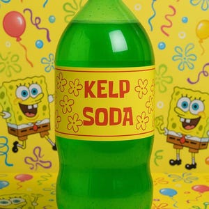May include: A large green plastic bottle of Kelp Soda with a yellow label and red text. The background is yellow with SpongeBob SquarePants characters and colorful balloons. The bottle has a green cap.