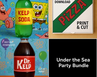 Pizza Box Label + Kelp Soda Can Labels | Druckbare unter dem Meer-Geburtstags-Party Bündel | Sofortiger digitaler Download
