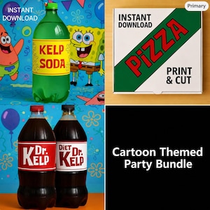 May include: A cartoon-themed party bundle featuring a green Kelp Soda bottle, two Dr. Kelp soda bottles, and a pizza box. The pizza box has the word "PIZZA" in red. The bundle is an instant download.