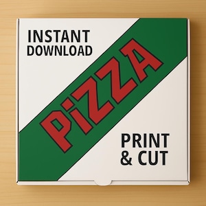 May include: A white pizza box with the word "PIZZA" in large red letters on a green diagonal stripe. The box also has the words "INSTANT DOWNLOAD" and "PRINT & CUT" in black.