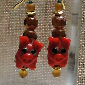 Gold & Red Pigs Earrings - fun little piggies accented with amber and red beads on leverback earwires