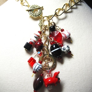 Red Pig Sports Necklace -big gold link chain with charms related to the love of Red Pigs - sports baubles are detachable
