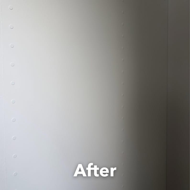 May include: A close-up of a white wall with a series of evenly spaced, circular indentations running vertically along the left and right sides. The word "After" is displayed in white, bold text at the bottom.