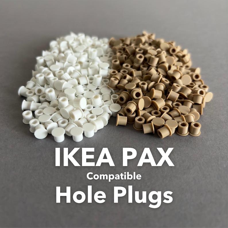 May include: A collection of white and tan hole plugs, designed to be compatible with IKEA PAX furniture. The image shows a pile of each color, with the text "IKEA PAX Compatible Hole Plugs" below.