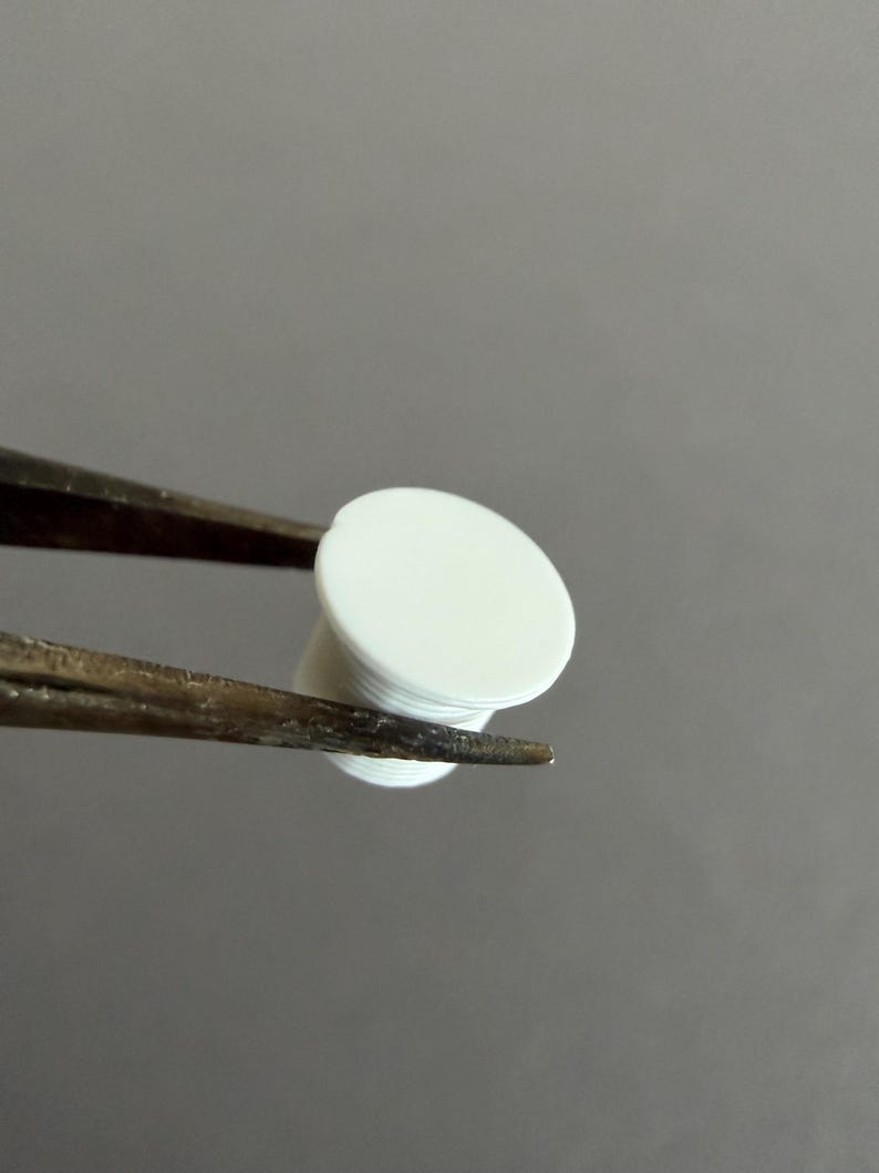 May include: A small, white, cylindrical object with a flat, circular top and a threaded base, held by a pair of tweezers. The object appears to be made of plastic or a similar material. The background is a solid, neutral gray.
