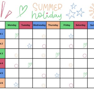 以下が含まれることがあります： Summer holidayというタイトルの印刷可能なカレンダーで、6週間と週7日の構成です。グリッドには曜日と週のカラフルなヘッダーがあり、各セルには太陽、星、ハートの手書き風の落書きが描かれています。