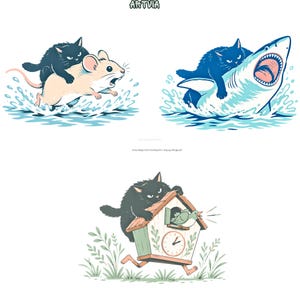 May include: A graphic illustration featuring three scenes: a black cat riding a beige mouse in water, a black cat riding a shark in water, and a black cat perched on a cuckoo clock with a bird inside. The text ARTVIA appears at the top.