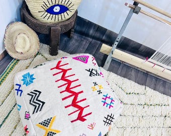 Vintage Berber Wool Pouf: Handmade Moroccan Floor Cushion,