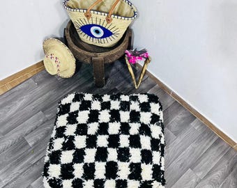 Schwarzes Wolle Marokkanisches Bodenkissen - Handgemachter Beni Ourain Boho Pouf