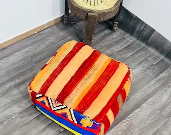 Puf marroquí de lana hecho a mano, otomano bereber vintage, color rosa bohemio