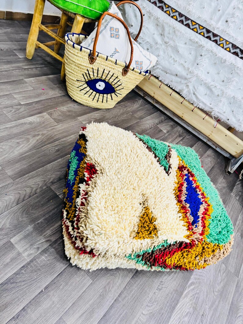 Vintage Moroccan Floor Pouf ;Handwoven Berber Cushion from Boujad Rug ;Boho Tribal Ottoman image 9