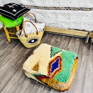 Vintage Moroccan Floor Pouf ;Handwoven Berber Cushion from Boujad Rug ;Boho Tribal Ottoman image 1