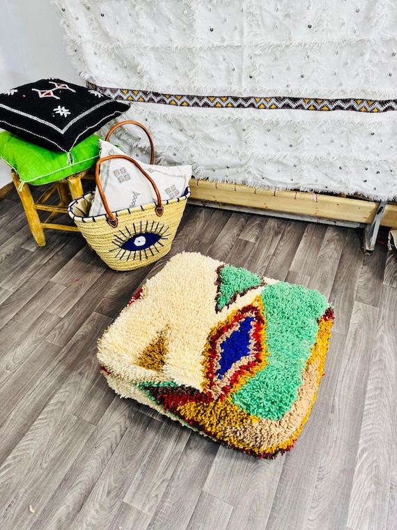 Vintage Moroccan Floor Pouf ;Handwoven Berber Cushion from Boujad Rug ;Boho Tribal Ottoman