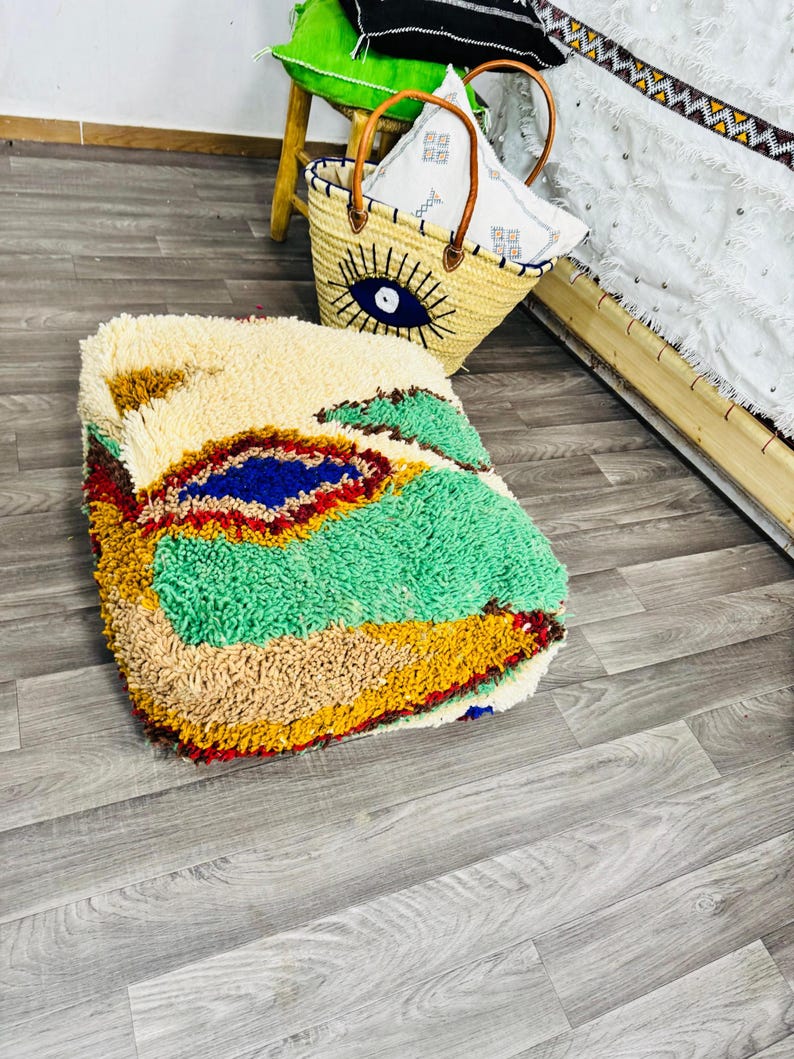 Vintage Moroccan Floor Pouf ;Handwoven Berber Cushion from Boujad Rug ;Boho Tribal Ottoman image 5