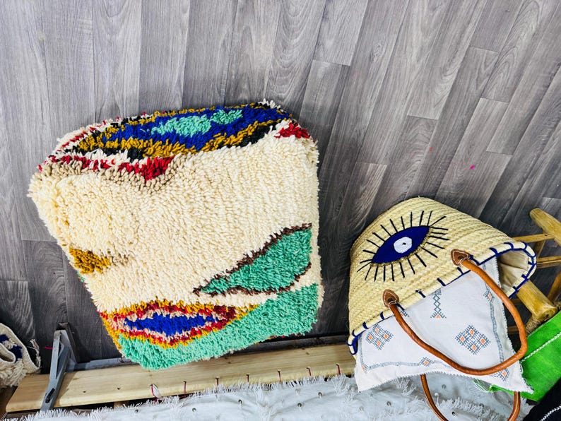 Vintage Moroccan Floor Pouf ;Handwoven Berber Cushion from Boujad Rug ;Boho Tribal Ottoman image 14