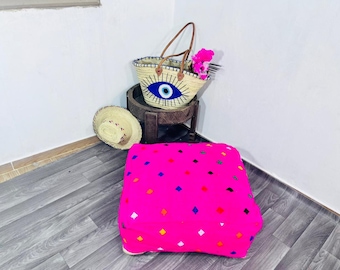 Handmade Wool Berber Floor Cushion: Moroccan Pouf Cover (Red)
