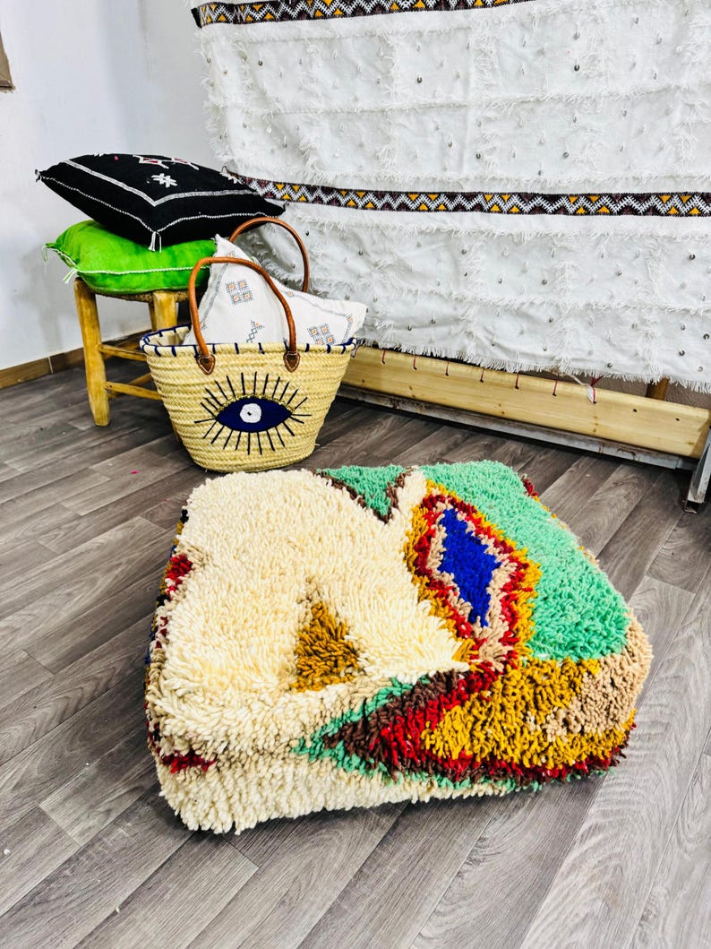 Vintage Moroccan Floor Pouf ;Handwoven Berber Cushion from Boujad Rug ;Boho Tribal Ottoman image 10