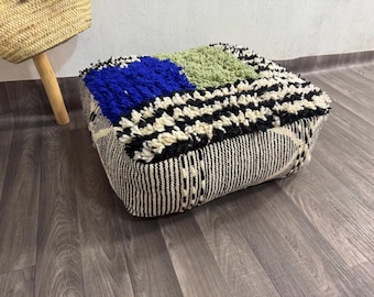 Poef marocain artisanaal en laine, Beni Ourain, neef carré Azila, boho poef