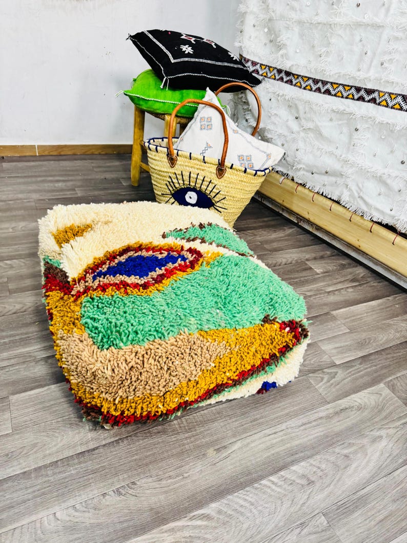 Vintage Moroccan Floor Pouf ;Handwoven Berber Cushion from Boujad Rug ;Boho Tribal Ottoman image 4