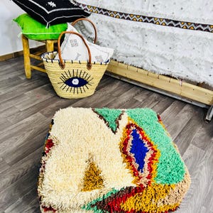 Vintage Moroccan Floor Pouf ;Handwoven Berber Cushion from Boujad Rug ;Boho Tribal Ottoman image 11