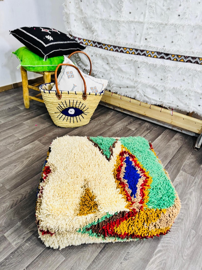 Vintage Moroccan Floor Pouf ;Handwoven Berber Cushion from Boujad Rug ;Boho Tribal Ottoman image 11