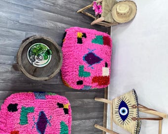 Handmade Rosy Pink Wool Moroccan Pouf – Berber Ottoman Floor Cushion