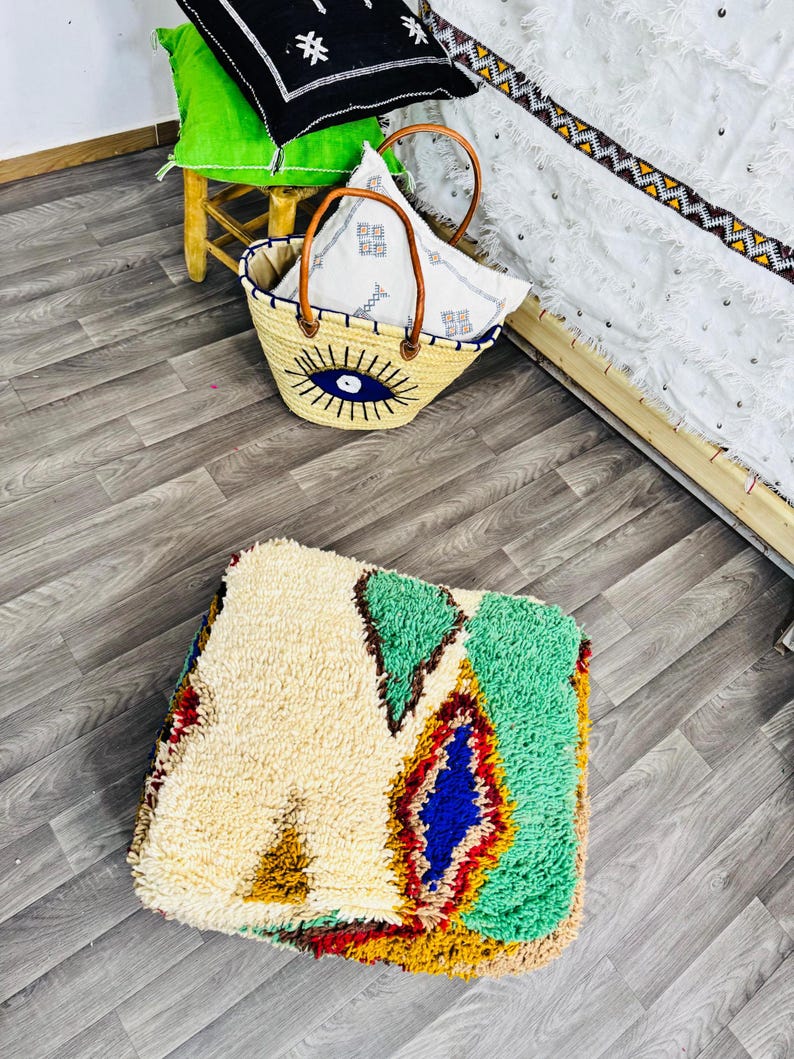 Vintage Moroccan Floor Pouf ;Handwoven Berber Cushion from Boujad Rug ;Boho Tribal Ottoman image 8