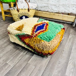 Vintage Moroccan Floor Pouf ;Handwoven Berber Cushion from Boujad Rug ;Boho Tribal Ottoman image 2
