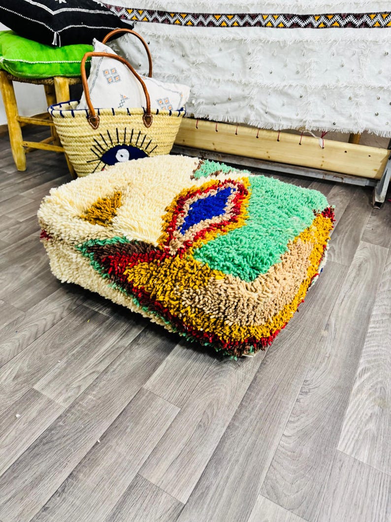 Vintage Moroccan Floor Pouf ;Handwoven Berber Cushion from Boujad Rug ;Boho Tribal Ottoman image 2