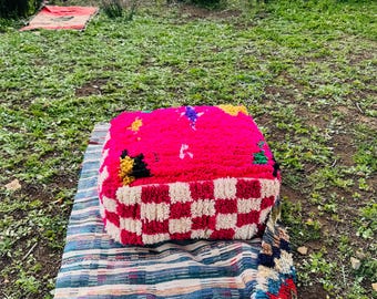 Handmade Rosy Pink Wool Moroccan Pouf – Berber Ottoman Floor Cushion