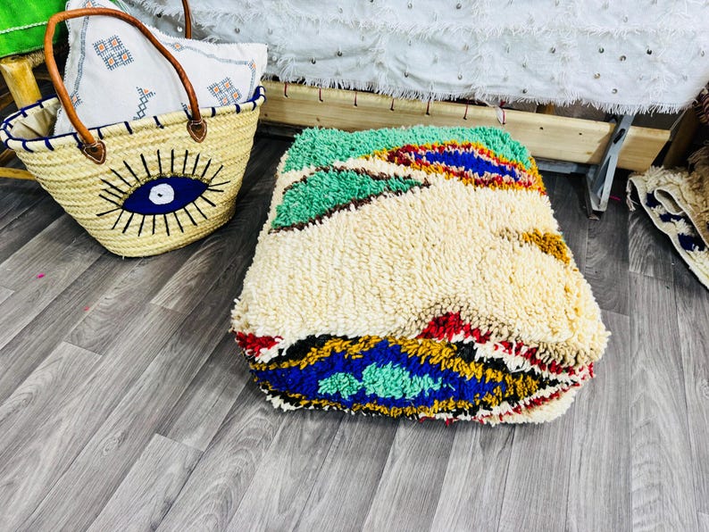 Vintage Moroccan Floor Pouf ;Handwoven Berber Cushion from Boujad Rug ;Boho Tribal Ottoman image 13