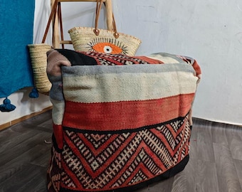 Handmade Moroccan Wool Pouf, Vintage Berber Ottoman, Boho Pink