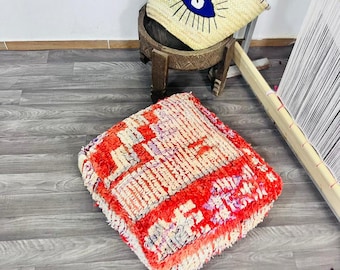 Puf marroquí de lana hecho a mano, otomano bereber vintage, color rosa bohemio