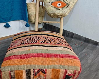 Puf marroquí de lana hecho a mano, otomana bereber vintage, rosa bohemio