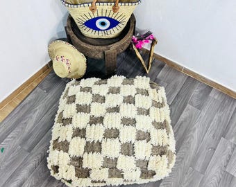 Handgefertigter Beige Woll Pouf – Marokkanisches Beni Ourain Bodenkissen