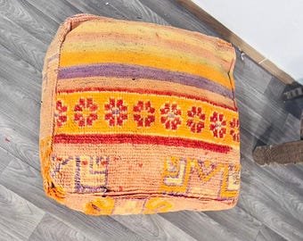 Puf marroquí de lana hecho a mano, otomano bereber vintage, color rosa bohemio