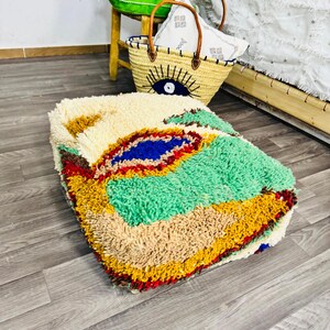 Vintage Moroccan Floor Pouf ;Handwoven Berber Cushion from Boujad Rug ;Boho Tribal Ottoman image 3