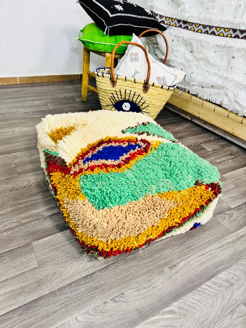 Vintage Moroccan Floor Pouf ;Handwoven Berber Cushion from Boujad Rug ;Boho Tribal Ottoman image 3