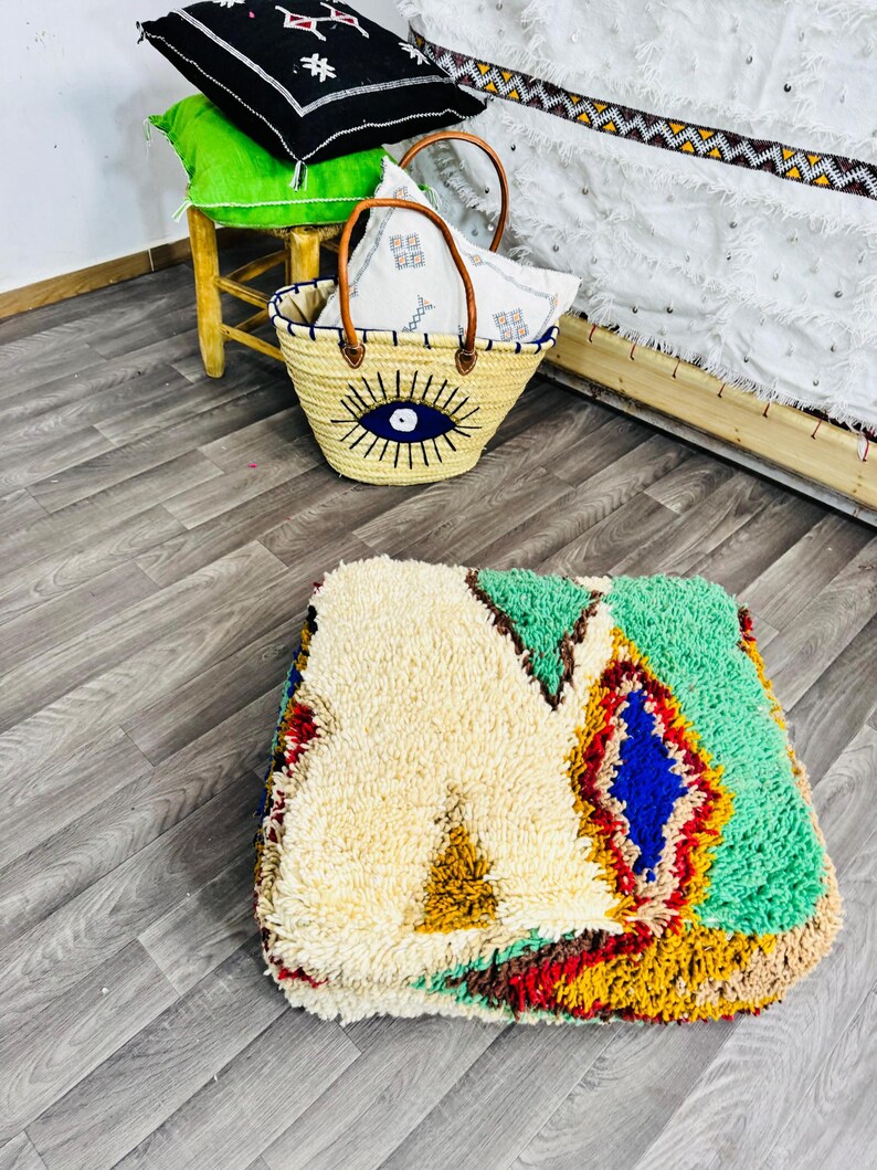 Vintage Moroccan Floor Pouf ;Handwoven Berber Cushion from Boujad Rug ;Boho Tribal Ottoman image 12
