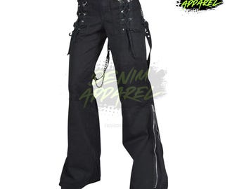 Pantaloni cargo neri gotici a gamba larga, pantaloni punk con lacci, denim streetwear tecnico