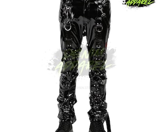 Black PVC Goth Pants, Slim Fit Vinyl Strap Trousers, Cyberpunk Streetwear Unisex