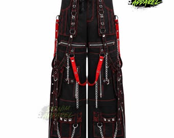 Gothic Cargo Pants, Black Red Punk Wide Leg Trousers, Unisex Techwear Streetwear Chains