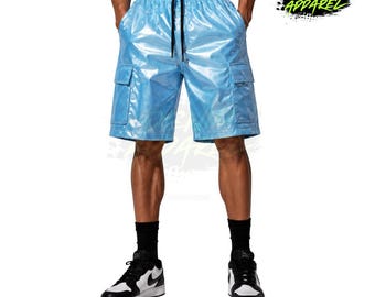 Unisex glänzende PVC Cargo Shorts, Baggy Vinyl Streetwear Shorts, Y2K Rave Festival Wear
