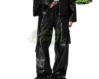 Pantalones de hombre de piel sintética negra de pierna ancha, estilo urbano minimalista.