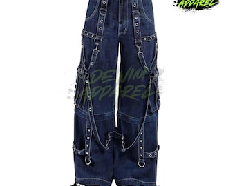 Pantalones cargo góticos, vaqueros de pierna ancha, estilo urbano Y2K, correas punk, moda alternativa Harajuku.
